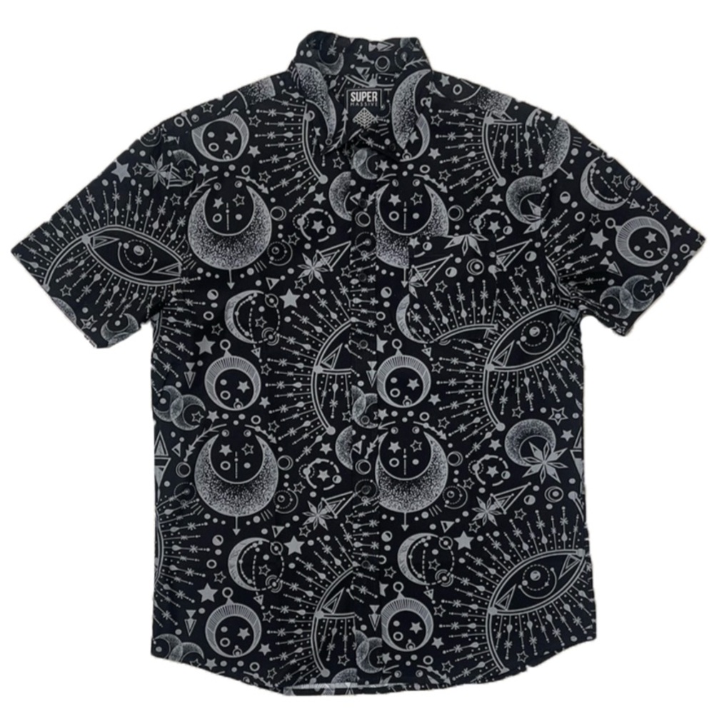 Massive Astrovibe Short Sleeve Black Gray Men Button Down Shirt Cosmic Astrology